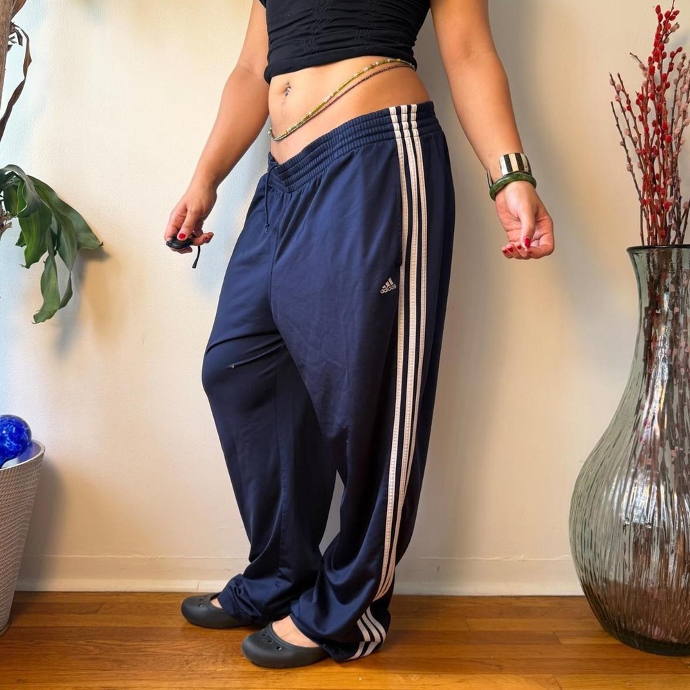 Vintage Adidas Navy Track Pants Baggy Wide Leg 3 Stripe 2003 776100 Size L